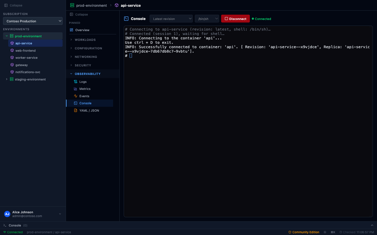 PrizmikAca — Interactive shell console connected to a running container replica
