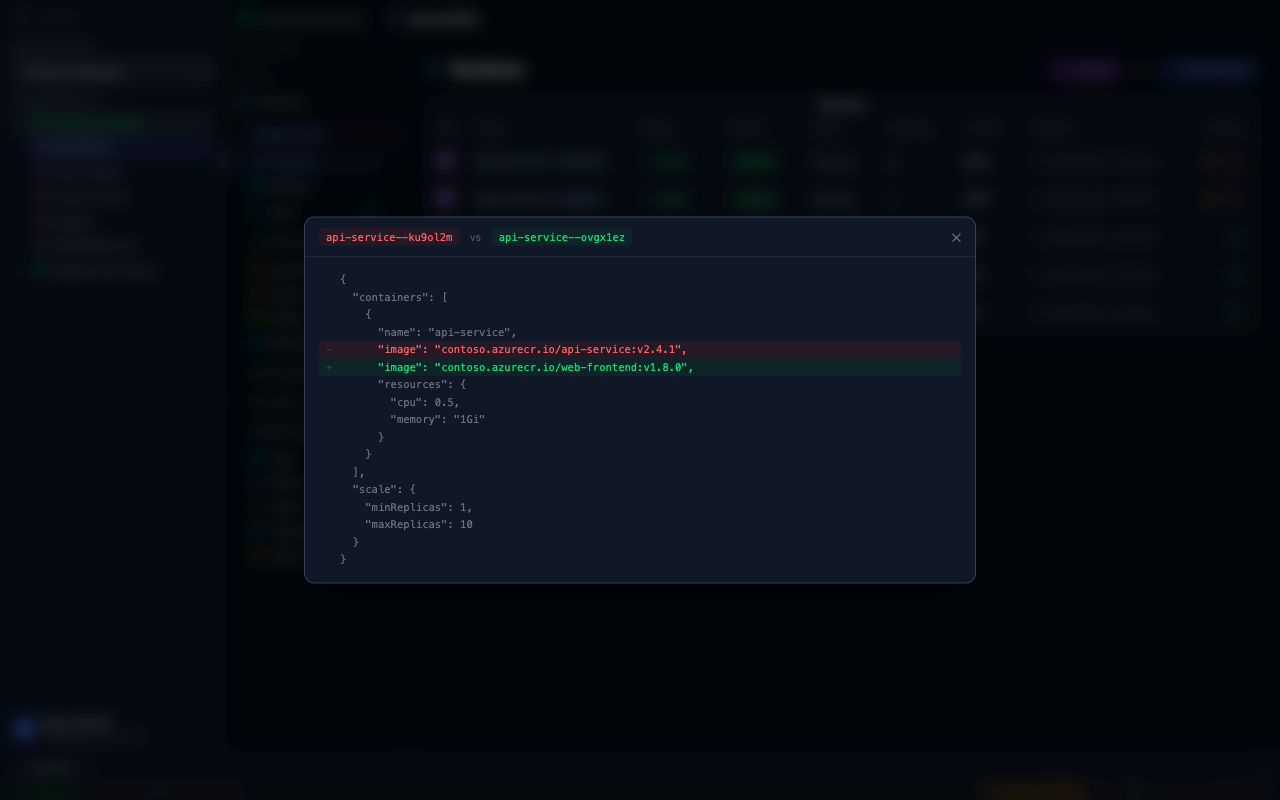 PrizmikAca — Side-by-side revision diff showing configuration changes between two revisions