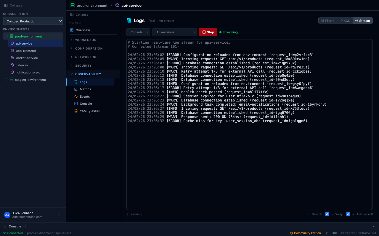 PrizmikAca — Log Analytics view with real-time log entries, filter controls, and KQL query support