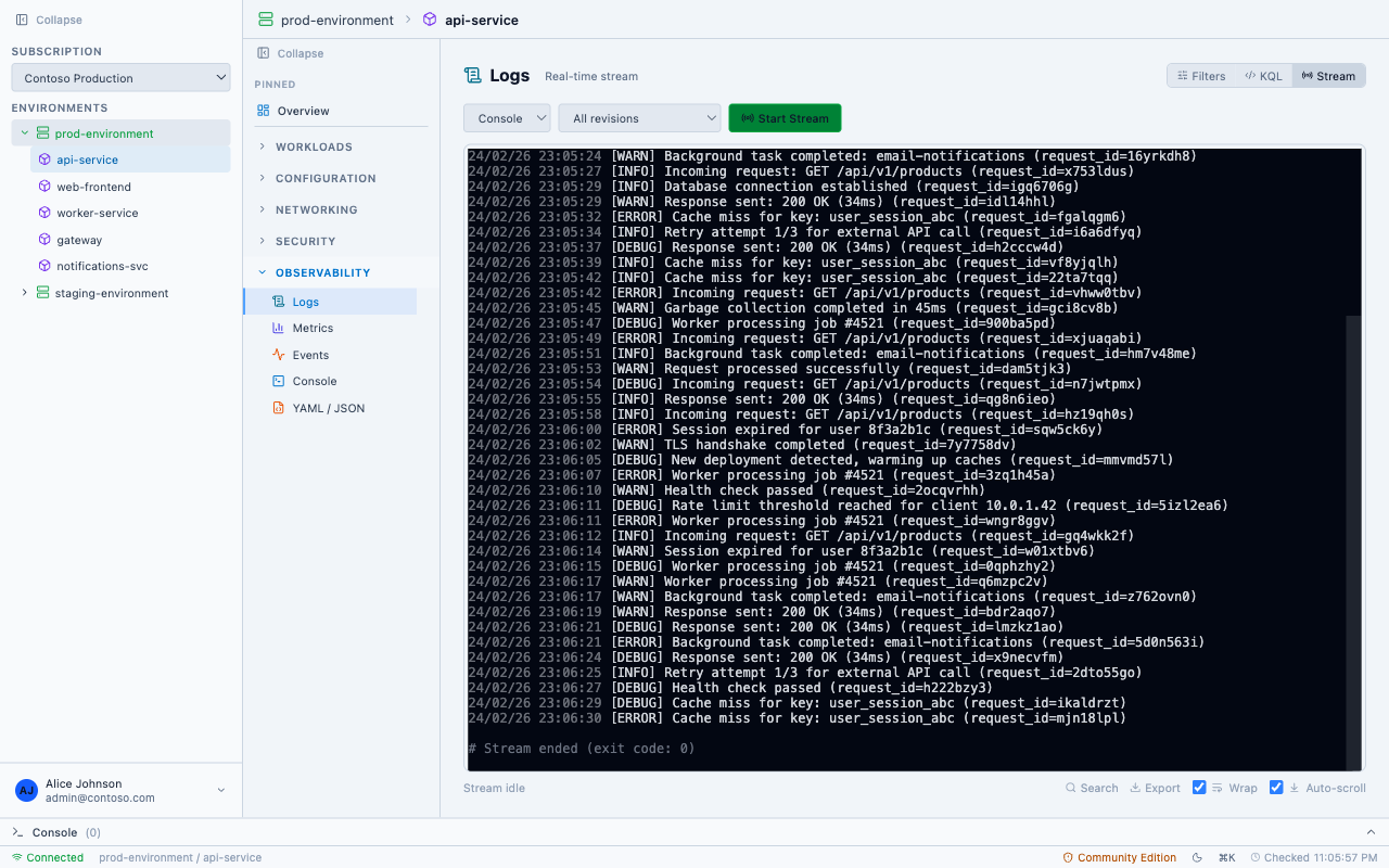 PrizmikAca — Log Analytics view with real-time log entries, filter controls, and KQL query support