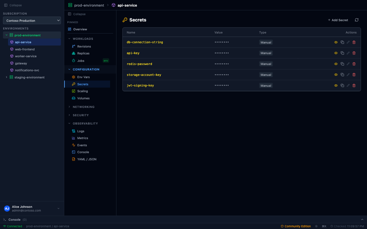 PrizmikAca — Secrets management panel with reveal and copy capabilities