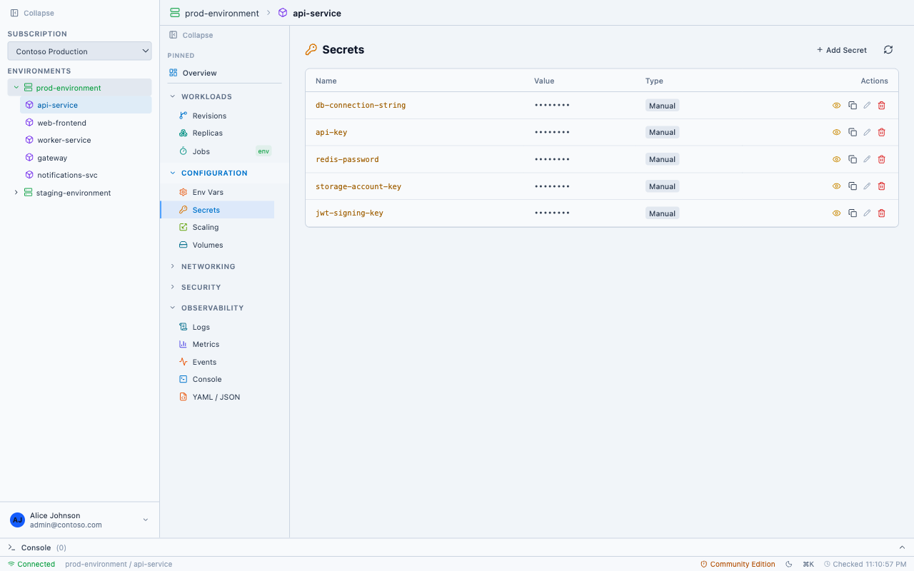 PrizmikAca — Secrets management panel with reveal and copy capabilities