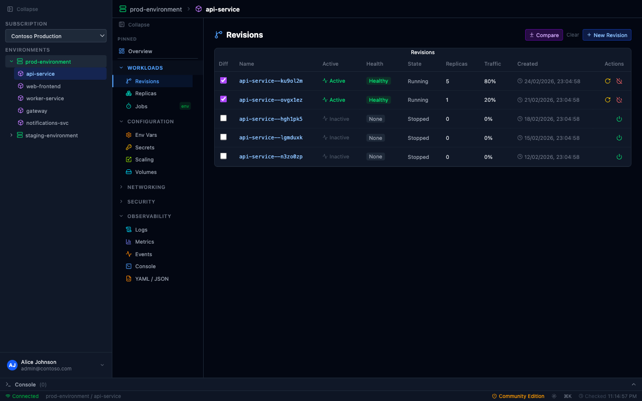 PrizmikAca — Sidebar tree with pinned apps, multiple environments, and tenant selector