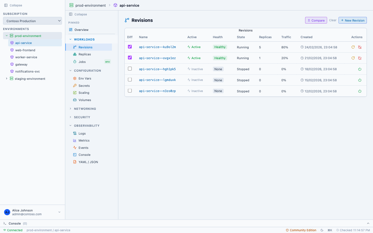 PrizmikAca — Sidebar tree with pinned apps, multiple environments, and tenant selector