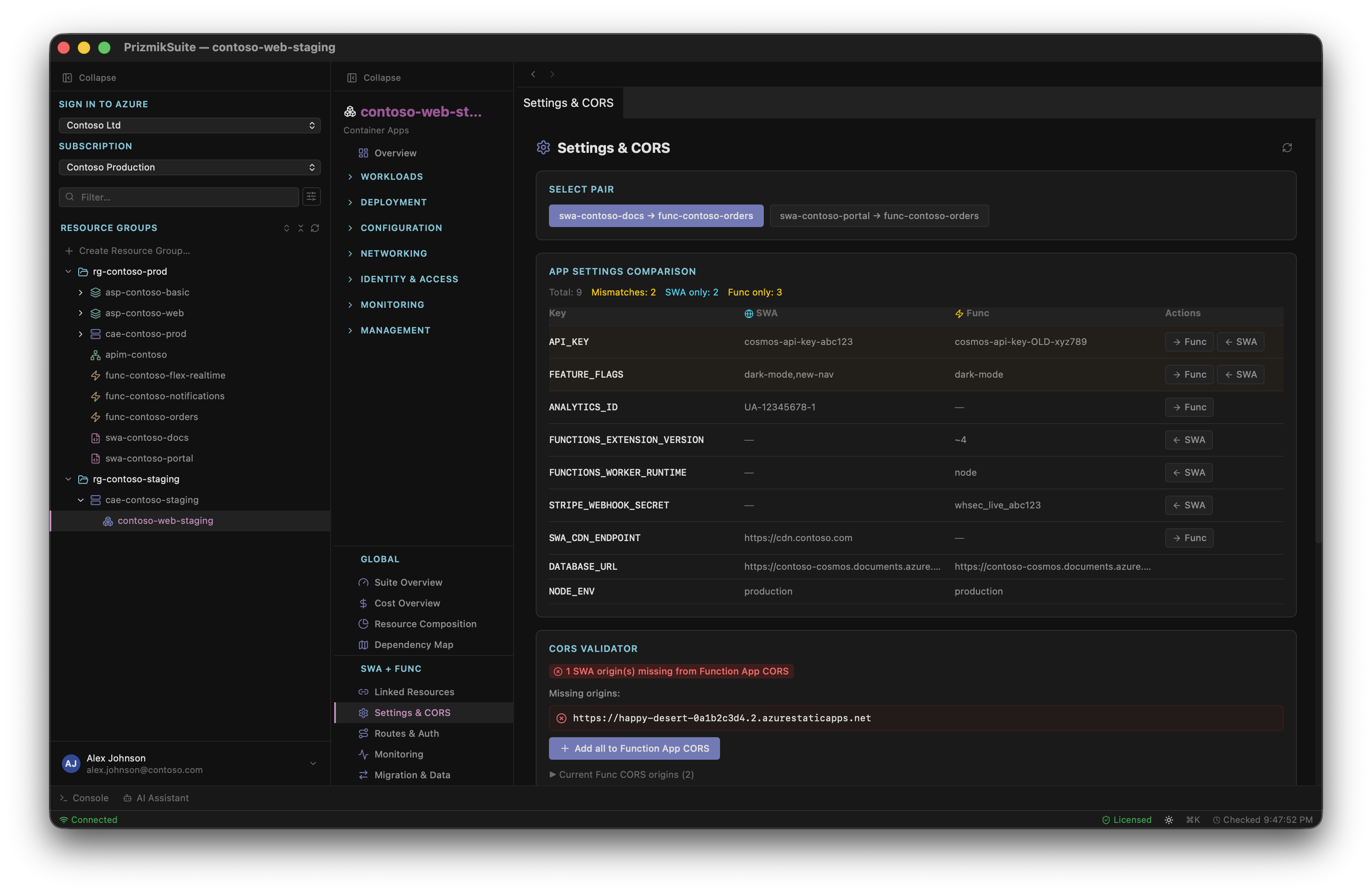 SWA + Func settings diff and CORS validation